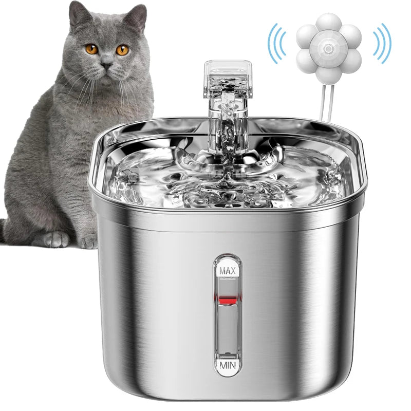 Stainless Steel Cat Fountain with Water Mark Automatic Cats Water Dispenser Sensor Filter Pet Cat Ultra Quiet Pump Water Foutain